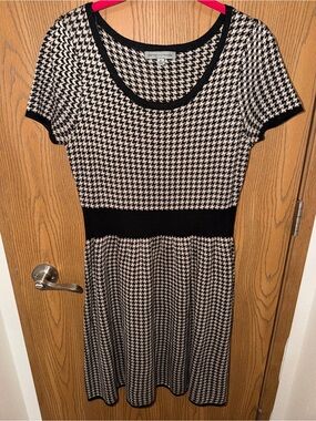 Danny & Nicole Black & Beige Houndstooth Fit-and-Flare Mini Sweater Dress XL